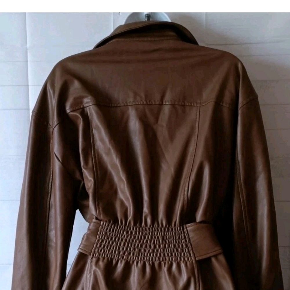 7 For All Mankind Brown Faux Leather Long Sleeve Shirt Dress with Belt - Picture 5 of 6